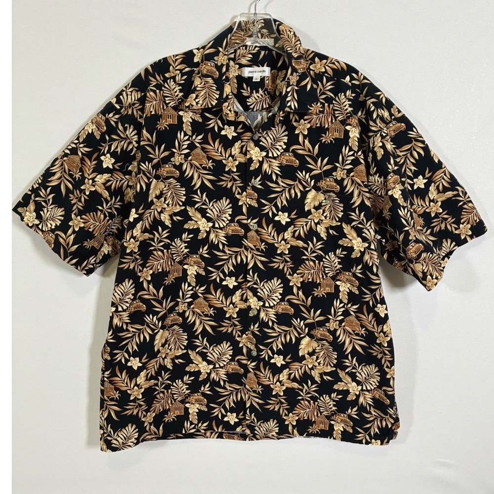 Pierre Cardin Mens XL Black Tropical Floral Vintage Car Print Camp Shirt Cotton